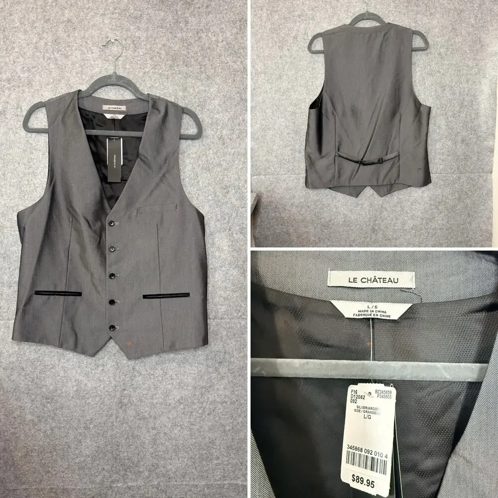 Le Chateau Men's 3 Piece Suit 42 Blazer & 34 Pants with Vest L Gray Slim Fit NWT